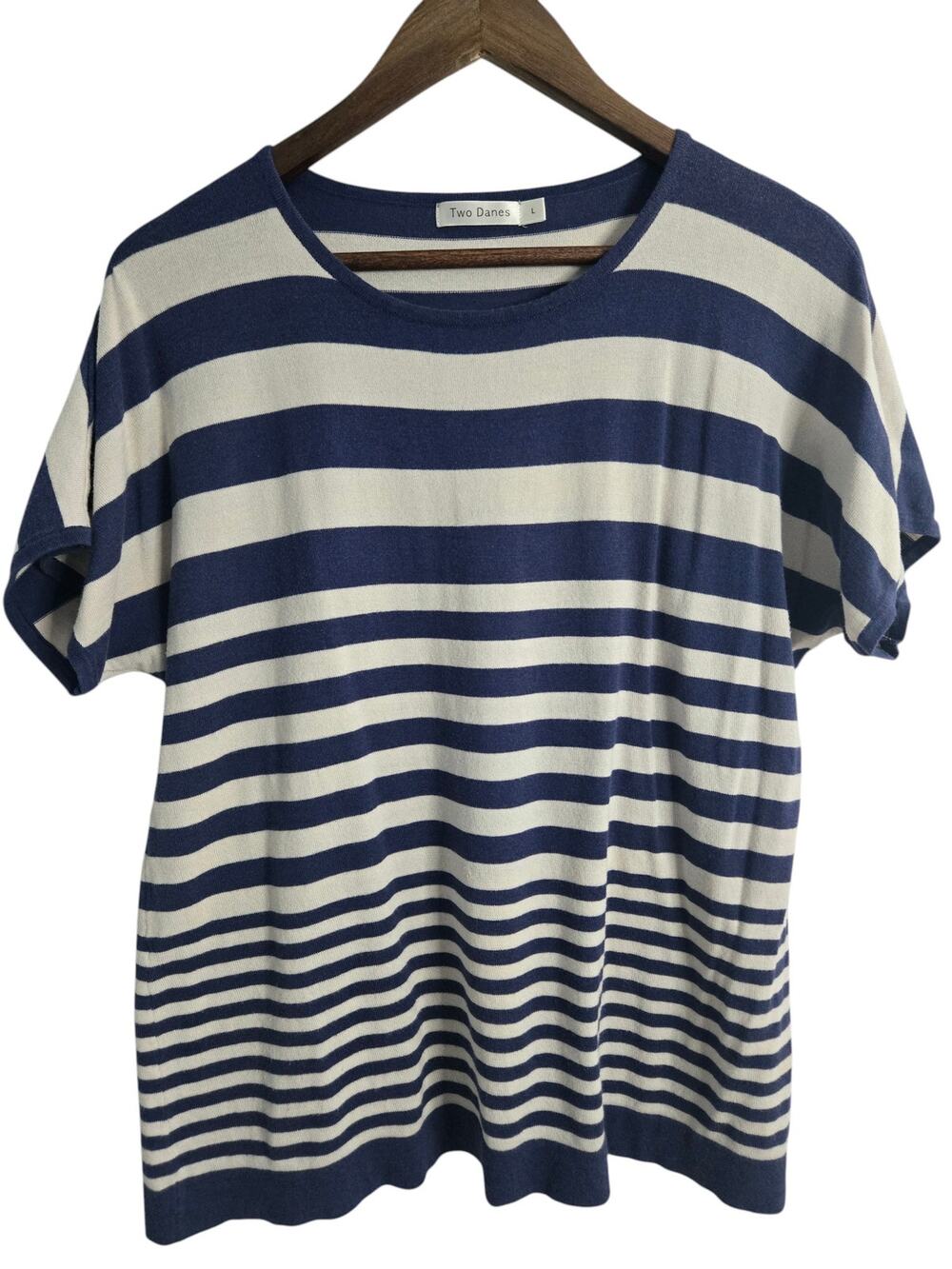 Two Danes Blue White Striped Knit Top Large Short Sleeve Boat Neck Coastal